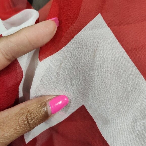 Takara Red Tan Black Shirt Blouse Women Size M Roll Tab Sleeve Chevron Print - Picture 9 of 10